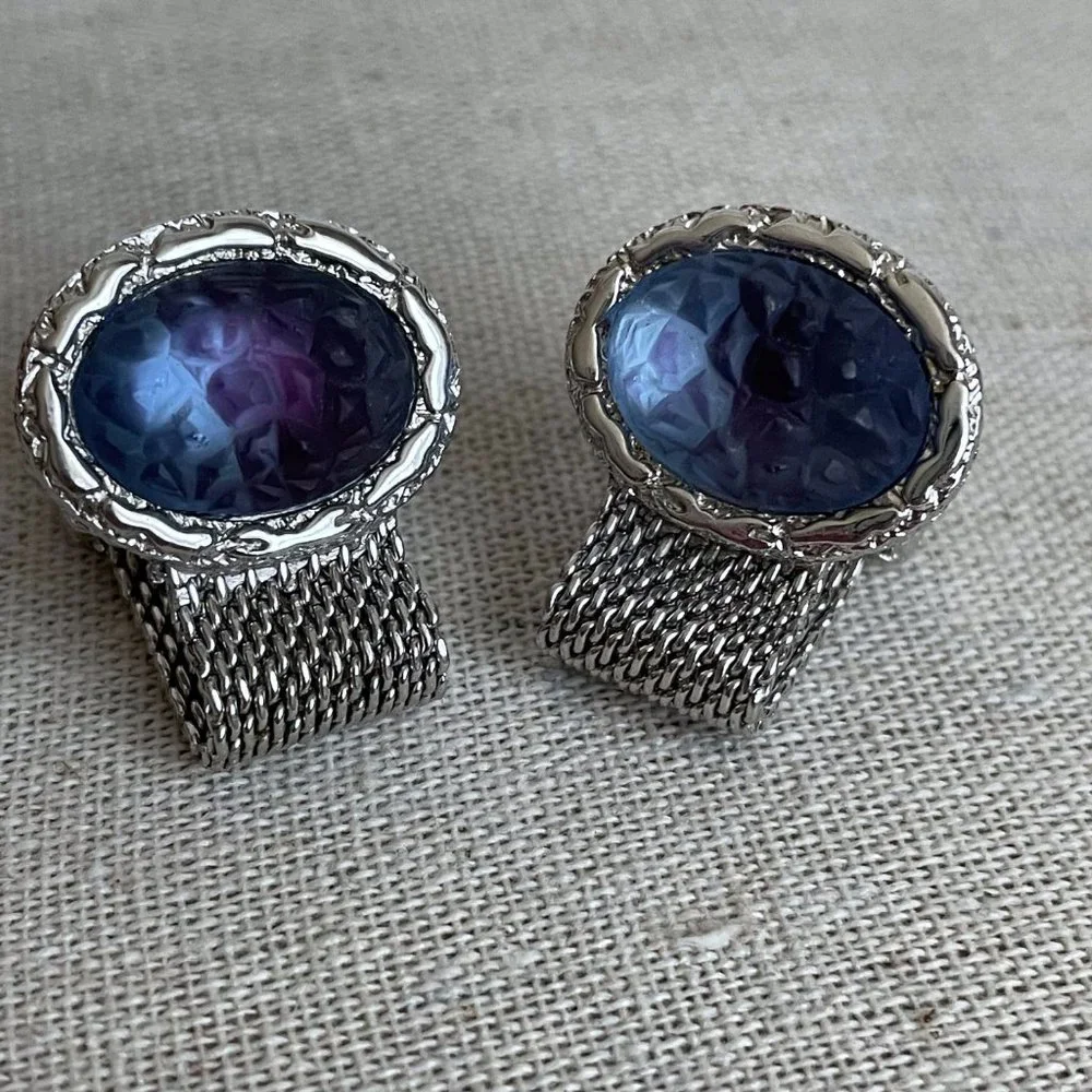 Vintage Art Frosted Glass Oval Silver Tone Mesh Wrap Cuff Links Pair